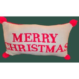 Merry Christmas Knit Pillow With Red Pom-Poms